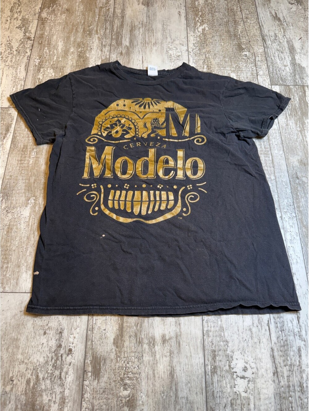 Modelo Especial Mens Graphic T Shirt Black Gold Beer Logo Distressed